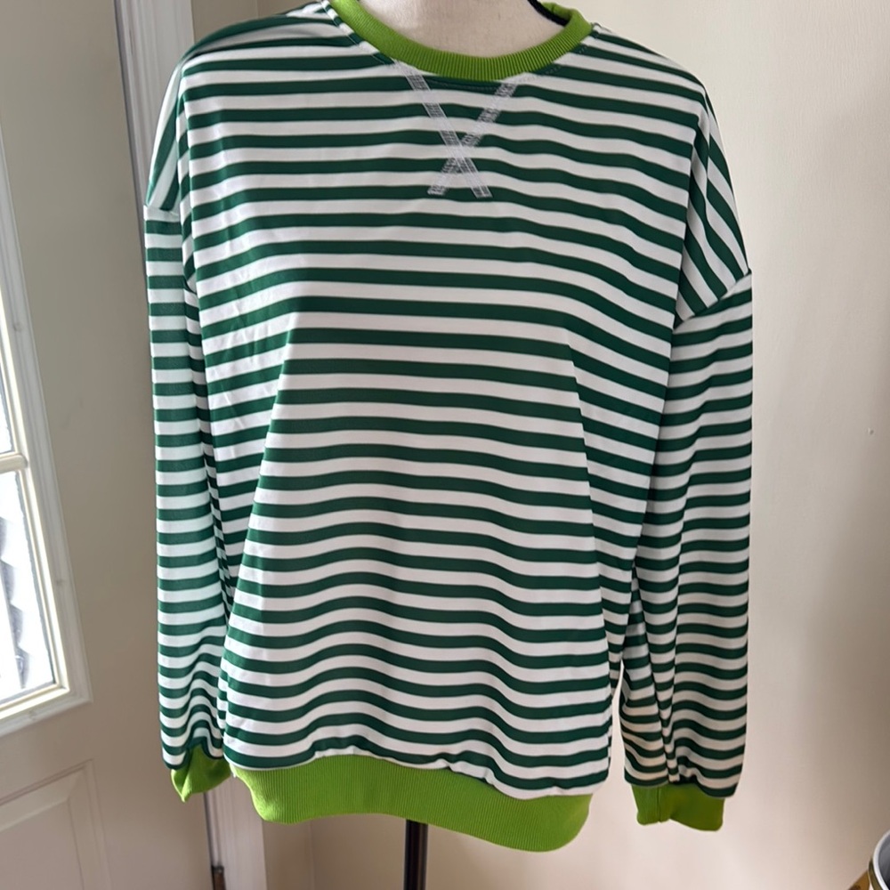 Green and White Striped Women’s sweatshirt, size medium, New!